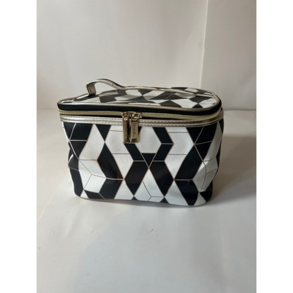 Modella Geometric Train Case‎ Black White Gold Cosmetic Makeup Travel Bag